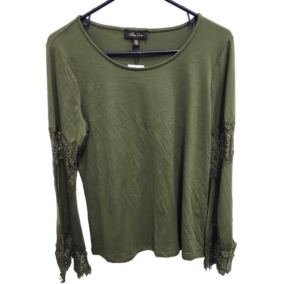 Melissa Peige Womens BOHO Top Large Olive Green Flared Lace Sleeve Casual New - Picture 1 of 7